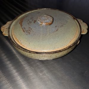 Vintage Art Pottery Speckled Stoneware Green Brown Covered Casserole Dish Signed